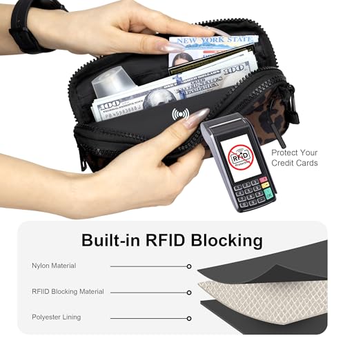 FODOKO Wristlet wallets for women Nylon Quilted Wallet with 4 Zippers,Travel Credit Card,Holder Cell Phone Organizer - color: Brown Leopard