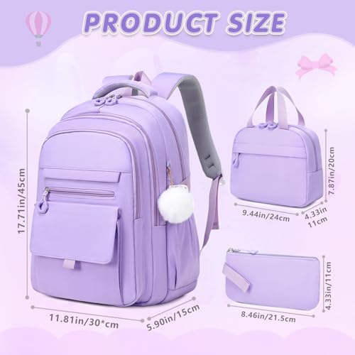 GeeWin Backpacks for Girls, Girls Backpack with Lunch Box & Pencil Case Set, 17 Inch Waterproof Girl Bookbag with Lots of Pockets for Kids, Teens, Elementary Middle High College School Student(Purple) - color: Purple