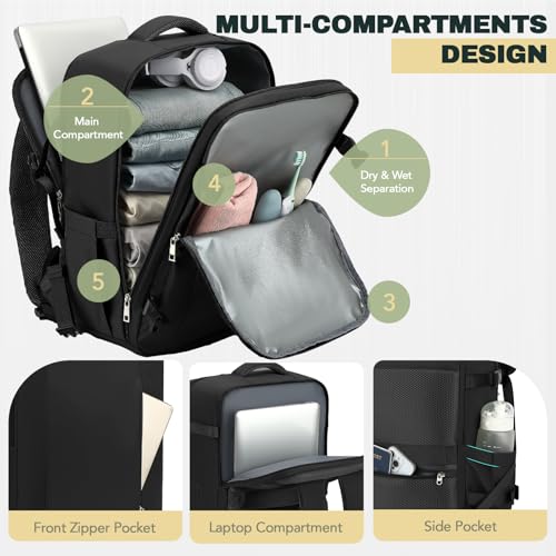 Travel Backpack, Carry On Backpack Airline Approved, 18x14x8 Travel Bag, 30L Personal Item Bag for Women and Men, Water Resistant Lightweight Weekender Bag, Casual Daypack for Business - color: Black