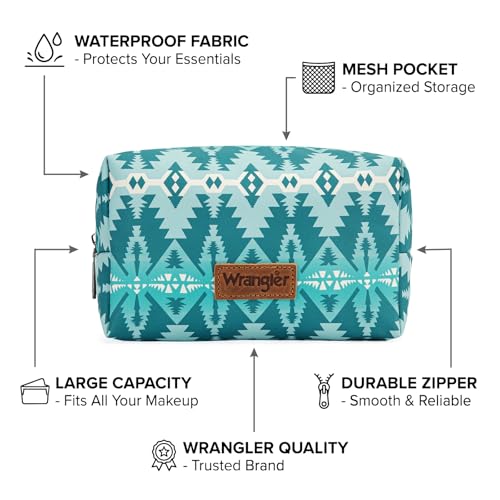 Montana West X Wrangler Travel Makeup Bag Waterproof Cosmetic Bag Portable Makeup Pouch for Women Large Toiletry Bag - color: Turquoise