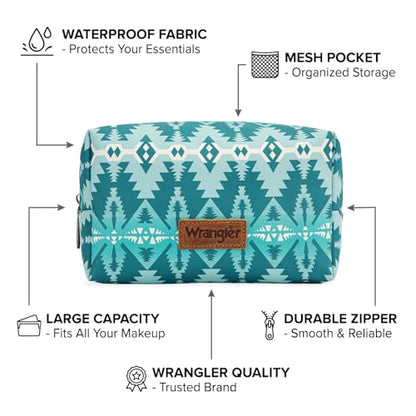 Montana West X Wrangler Travel Makeup Bag Waterproof Cosmetic Bag Portable Makeup Pouch for Women Large Toiletry Bag - color: Turquoise
