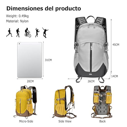 25L Hiking Backpack with Hydration Compartment Water Resistant Outdoor Daypack with Rain Cover Breathable Back System for Outdoor Travel Camping Daily Use Grey - color: Grey