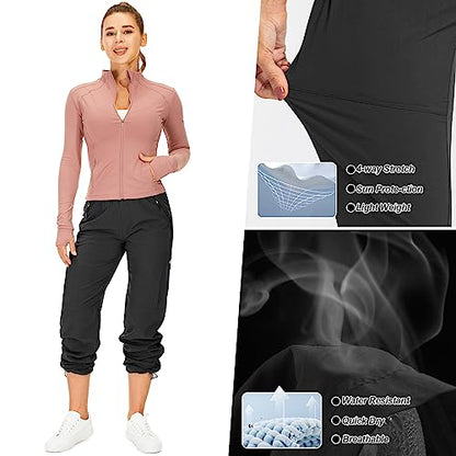 Womens Hiking Pants Quick Dry UPF 50 Lightweight Travel Golf Cargo Safari Pants Zipper Pockets - color: Black, size: X-Large