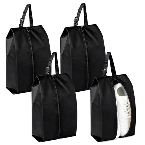 4-Pack Travel Shoe Bags for Packing in Suitcase – Hanging Buckle Shoe Storage Pouches with Zipper and Handle, Portable Bags for Gym, Sports, Cleat and Ballet (Black) - color: Black, style: 4 Pack