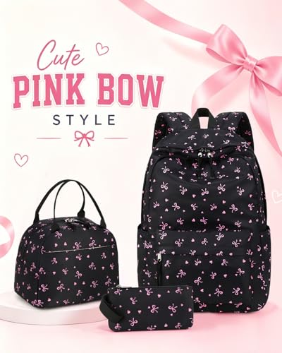 CAMTOP Girls Backpack with Lunch Box Set, Cute Bow School Backpack for Kids, 3-in-1 Lightweight Lunch Bag and Pencil Pouch - color: Black Pink Bow