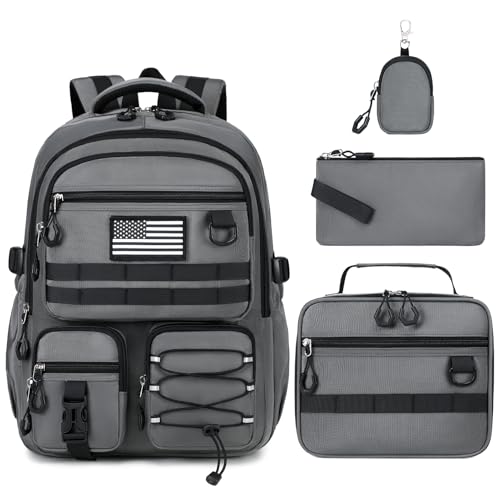 GeeWin Camo Backpack for Boys, 4PCS Boys Backpack with Lunch Box Set - color: Solid Grey
