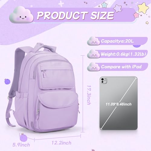 Cute Backpack For School Teens Girls, Aesthetic Kids Elementary School Backpacks, Waterproof Middle Students Bookbag, Large Capacity Backpack For College Women Men (Purple) - color: Purple