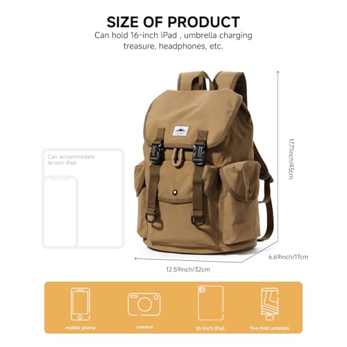 Ultra Lightweight Thin Nylon Backpack, Waterproof Flip Cover Daypack with Drawstring Closure, 16 Inch Laptop Compartment Versatile Rucksack for Hiking, Climbing, Travel & Daily Commute for Men Women - color: Up-brown