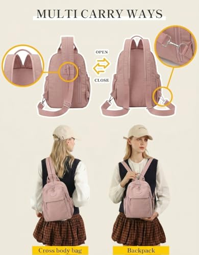 Mini Backpack for Women Nylon Small Backpack Purse Crossbody Sling Bag Convertible Backpack Casual Shopping Daypack (Pink) - color: Pink