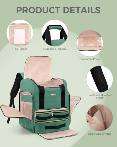 BALULHG Large Portable Travel Makeup Bag with 3 Removable Transparent Case, Dual-Shoulder Multi-Functional Cosmetic Bag,Double Layer Big Capacity Makeup Bag Backpack, Patent Pending - color: Green