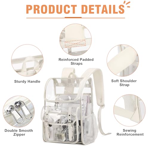 DIGOBAY Clear Backpack with Lunch Bag Set, Leather Clear Backpack Heavy Duty Thick PVC Bookbag Fashion See Through Transparent Backpacks with Support Pad for College Travel Work Beige - color: Beige