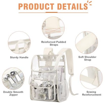 DIGOBAY Clear Backpack with Lunch Bag Set, Leather Clear Backpack Heavy Duty Thick PVC Bookbag Fashion See Through Transparent Backpacks with Support Pad for College Travel Work Beige - color: Beige