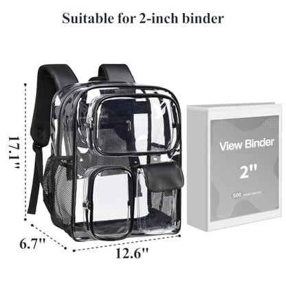 PACKISM Clear Backpack for School - 17 inch Large Heavy Duty Bookbag, Reinforced See Through PVC Transparent Backpack - color: Pu Straps Black 3 Pockets, style: Daypack Backpacks