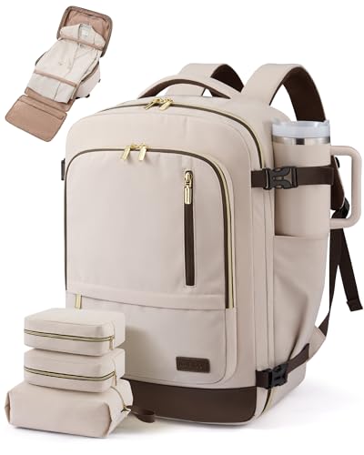 LOVEVOOK 50L Travel Backpack for Women Men with Garment Bag, Airline Approved Carry on Luggage Travel Essentials with 3 Packing Cubes, TSA Overnight Bags Weekender Essentials Backpacks fits 17" Laptop - color: Gray Pink-coffee, size: 50L-4Pcs