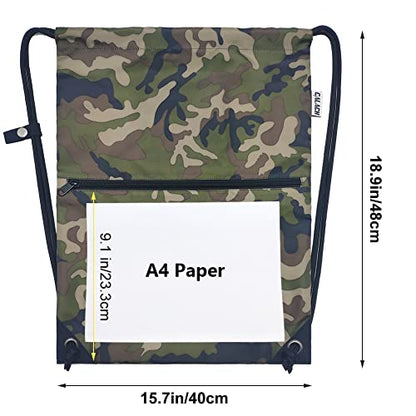 draw string back bag, Large Gym Sports string backpack for men and women with front zipper pocket and inside zipper pocket to keep key or phone (green camo) - color: Green Camo, style: Drawstring With Front Pocket