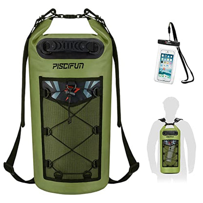 Piscifun Dry Bag, Waterproof Floating Backpack 10L/20L/30L/40L with Waterproof Phone Case for Boating, Kayaking, Fishing - color: Army Green, style: 30l