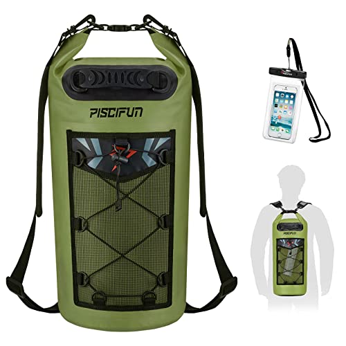 Piscifun Dry Bag, Waterproof Floating Backpack 10L/20L/30L/40L with Waterproof Phone Case for Boating, Kayaking, Fishing - color: Army Green, style: 30l