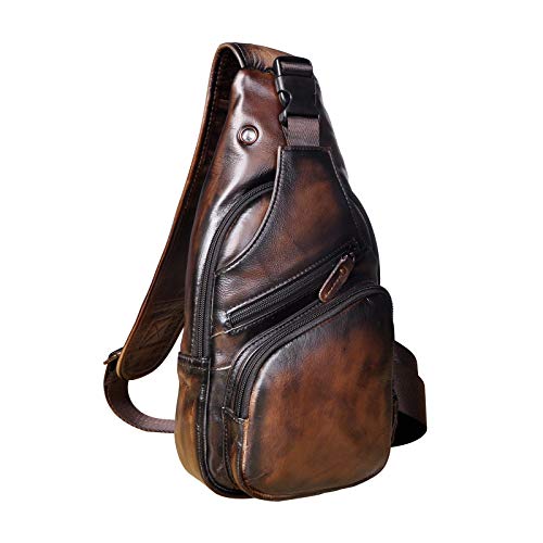 Le'aokuu Men Fashion Casual Tea Designer Travel Hiking Crossbody Chest Sling Bag Rig One Shoulder Strap Bag Men Leather 8015 | Fashion - color: Coffee