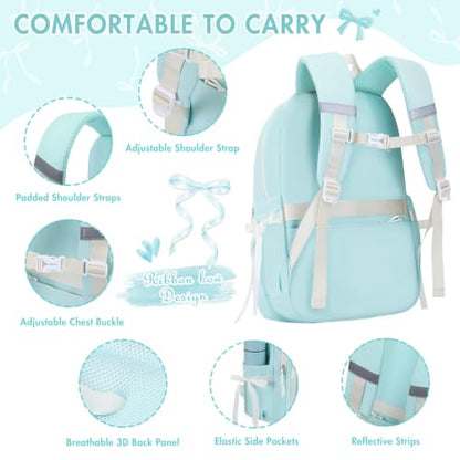 Kids Backpack for Girls - 3PCS Cute Embroidered Bow Girls Backpack with Insulated Lunch Bag & Pencil Case - Bookbag for Teen Women Middle High School College Work Travel Daypack - color: Mint