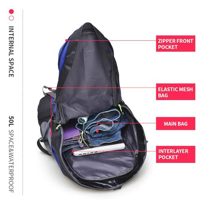 Bseash 50L Hiking Backpack, Water Resistant Lightweight Outdoor Sport Daypack Travel Bag for Camping Climbing Skiing Cycling (Blue - No Shoe Compartment) - color: Blue - No Shoe Compartment