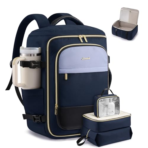 LOVEVOOK 40L Travel Backpack Carry on Flight Approved, Personal Item Bag with 3 Packing Cubes, Travel Backpack for Women Fits 17" Laptop, Water-resistant Carry On Bag for Airplanes - color: Blue & Black, size: 40L-4PCS
