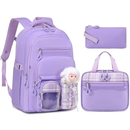 GeeWin Girls Backpack for School with Lunch Box & Pencil Case Set, 17 Inch Stylish Plaid Girls Bookbag with Lots of Pockets for Kids, Teens, Elementary Middle High College School Student (Purple) - color: Purple