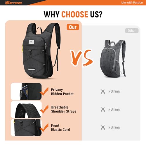SKYSPER Foldable Hiking Backpack - 10L/15L Small Lightweight Daypack Breathable Travel Backpacks - color: Black, size: 15 l