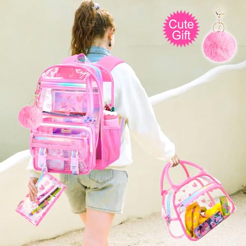 KLFVB 3PCS Clear Backpack Heavy Duty, Girls See Through School Bag Set, Cute Transparent Bookbag for Women - Heart Love Pink - color: Heart Love Pink Clear Backpack