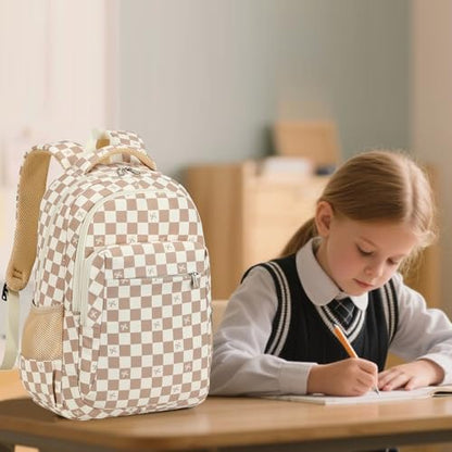 LEDAOU Girls Boys Backpack with Lunch Box, 3-Piece School Bookbag Set - color: Brown White Checkered