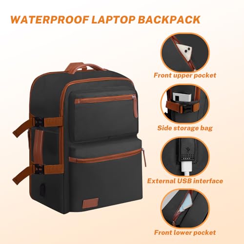 Expandable Travel Backpack Women Men with USB Charging Port, 15.6 Inch Laptop Backpack Waterproof Carry on Flight Approved for Travel Work Hiking College, Black - color: Black