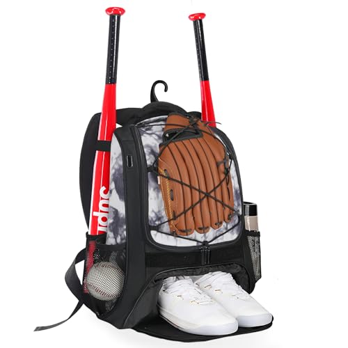 Goloni | Baseball Backpack,Baseball Bag for Adult,Softball Bat Bag with Shoes Compartment,Large Main Compartment for Helmet & accessories, Fence Hook - color: Grey white tie dye