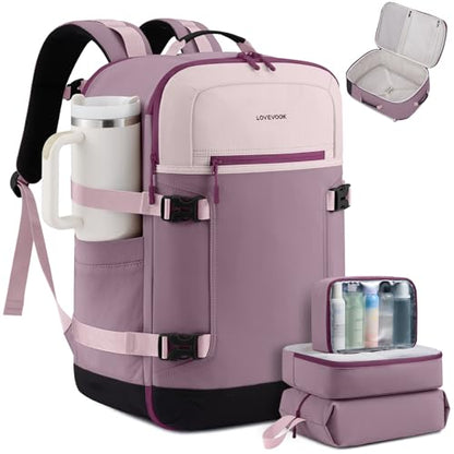 LOVEVOOK 40L Travel Backpack for Women & Men, Airline Approved Carry On Backpack with 3 Packing Cubes, TSA Personal Item Bag, Waterproof Weekender Overnight Backpack Fits 17" Laptop - color: Light Pink - Purple - Black, size: Large-40L-4Pcs