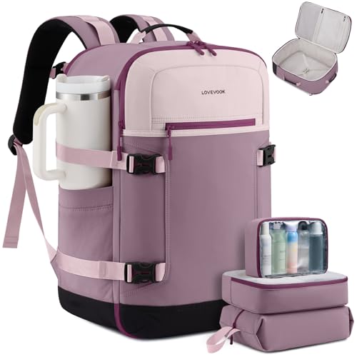 LOVEVOOK 40L Travel Backpack for Women & Men, Airline Approved Carry On Backpack with 3 Packing Cubes, TSA Personal Item Bag, Waterproof Weekender Overnight Backpack Fits 17" Laptop - color: Light Pink - Purple - Black, size: Large-40L-4Pcs