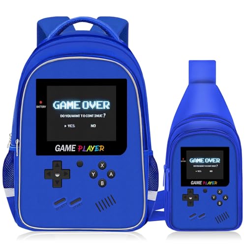 TILYTADLY School Backpack For Boys - Gamer Boys Backpack For Kids Children Teens Elementary Middle School - Ages 6-18，17″ - color: 2-blue-set2