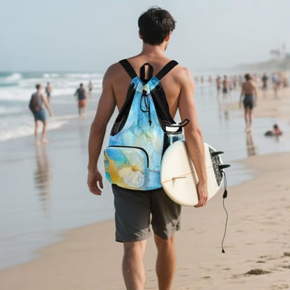 Drawstring Backpack Gym Swim Bag With Inside Pockets Cinch Pack Waterproof Marble Yellow Blue - color: Color 18