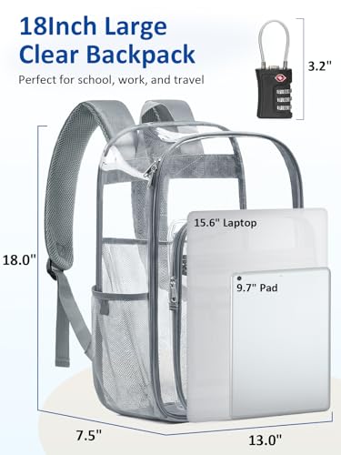 Extra Large Clear Backpack with TSA Lock, Heavy Duty Transparent See Through Clear Bookbag for College, Work, Travel, Casual Sport, Grey - color: Grey