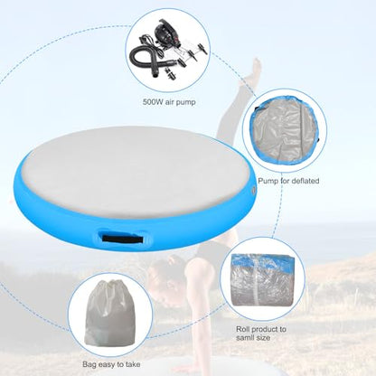 Inflatable Gymnastic Air Spot Mat Tumbling Exercise Yoga Training Mat With Pump, Inflatable Round Springboard Air Roller Gym Floor Track For Home Use/Cheerleading/Water - color: blue