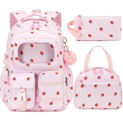 AO ALI VICTORY Backpack for Girls with Lunch Bag Kids School Bags for Elementary Middle School Students Cute Bookbag Set (strawberry set) - color: Strawberry Set
