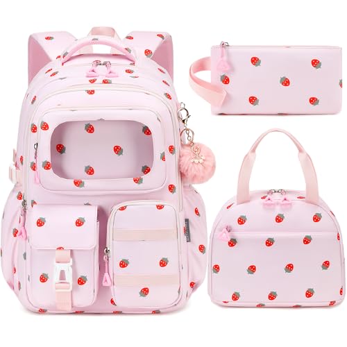 AO ALI VICTORY Backpack for Girls with Lunch Bag Kids School Bags for Elementary Middle School Students Cute Bookbag Set (strawberry set) - color: Strawberry Set