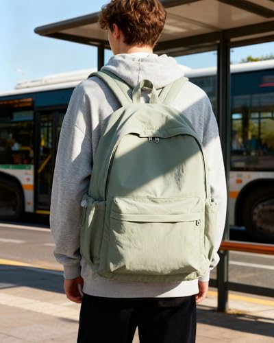 BJLFS Green Cute School Backpack with Laptop Compartment Small Travel Laptop Backpack for Women Men Waterproof College Backpack Simple School Bag for Teens Girls Boys - color: Green