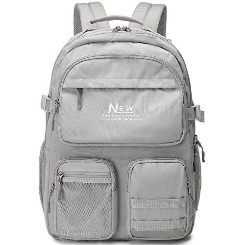 Water Resistant Backpack for Teen Girls Boys Students, Casual Multi Pockets Daypack with 15.6 inch Laptop pocket for Travel School College (Grey) - color: Grey With Embroidery