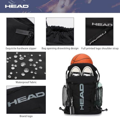 HEAD Men's Drawstring Backpack with Shoe & Phone Pocket,Structured Sports Gym Sack with Bottle Holders for Basketball, Workout, Tennis, Swimming, Travel,Training - color: Dark Grey