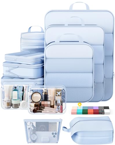 Veken 11-Pack Compression Packing Cubes for Travel Essentials,Compressible Expandable Large Luggage Suitcase Organizer Bags for Clothing,Durable Space Saver Bags with Toiletry Bags(Light Blue) - color: Light Blue, size: 11 set