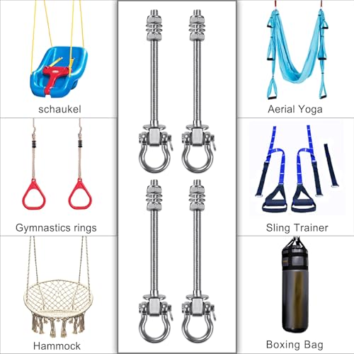 SELEWARE Heavy Duty Bearing Swing Hangers, 4 Pack Stainless Steel Hooks for Wood and Steel Beam, Sets Hardware for Hammock, Yoga, Porch, Heavy Bag, 7" x M2/5", 1500LB Capacity - color: 4 Pack Bearing Hangers (7" X M2/5" Threaded Rod)