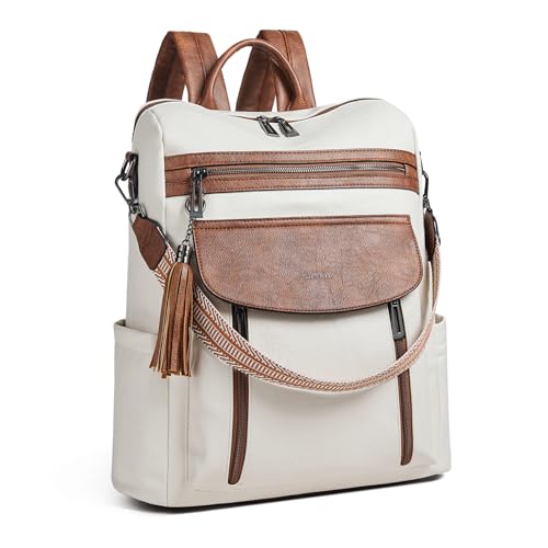 Shrrie Laptop Backpack for Women 15.6 inch,Travel Leather Backpack Purse Nurse Teacher Carry on Backpack Computer Bag,Professional Water-Resistant College Business Work Casual Daypack,Beige with Brown - color: Beige With Brown