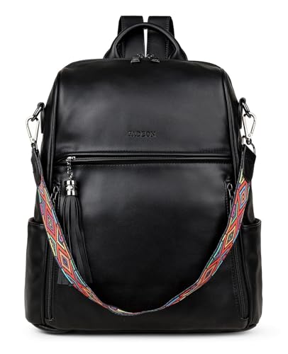 FADEON Leather Backpack Purse for Women Designer Travel Backpack Purses PU Fashion Ladies Shoulder Bag with Tassel - color: 1 Pure Black