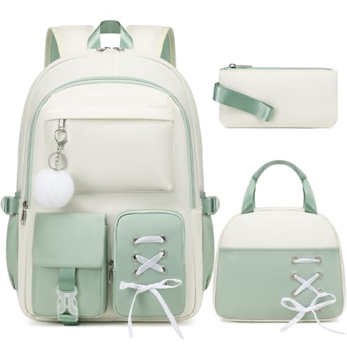 Scothen Backpacks for Girls, Girls Backpack with Lunch Box & Pencil Pouch for Teens Girl Kids Elementary Middle High School College Student Bookbag Daypack Laptop Travel Backpack for Women - color: Beige Green