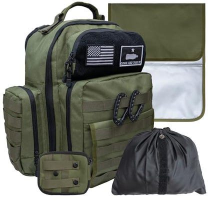 Green Dad Diaper Bag - Molle-Style Military Diaper Backpack Made of Rugged 900D Waterproof Polyester with Wider Extra-Long Straps, Dirty Diapers Pouch, Baby Wipes Dispenser & Insulated Bottle Pockets - color: Green