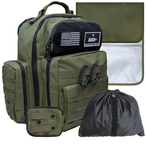 Green Dad Diaper Bag - Molle-Style Military Diaper Backpack Made of Rugged 900D Waterproof Polyester with Wider Extra-Long Straps, Dirty Diapers Pouch, Baby Wipes Dispenser & Insulated Bottle Pockets - color: Green