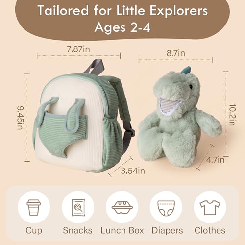 Moonkie Hug & Go Dinosaur Toddler Backpack – Soft Plush Bag with Take-Along Toy for Boys Aged 2–4 | Ideal for Daycare, Travel & Birthday Gifts - color: Dinosaur